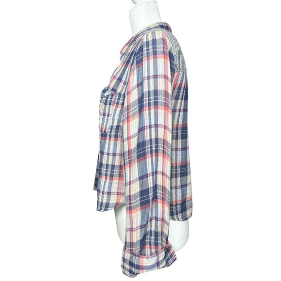 Free People Plaid Button Front Shirt Medium Blue Red Long Sleeve Western Top - Picture 5 of 9